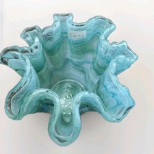 Vtg Style Murano Green Blue Multi Swirled Art Glass Heavy Handkerchief Vase NOS