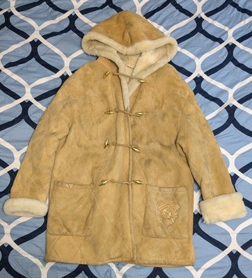 VTG 90s Iceberg Italy Sheepskin Leather Suede Sherling Hooded Toggle Coat 42
