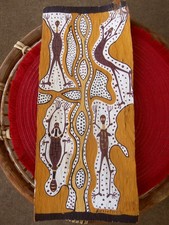 Vintage Aboriginal spirits creatures Indigenous bark wood art painting Australia