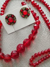 Vintage Red Art Deco  Czech Glass Bead Necklace & Fillagree Earrings screw backs