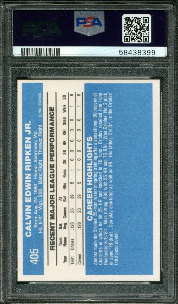 1982 DONRUSS #405 CAL RIPKEN JR. RC ORIOLES HOF PSA 9 DNA AUTO 10 view 2