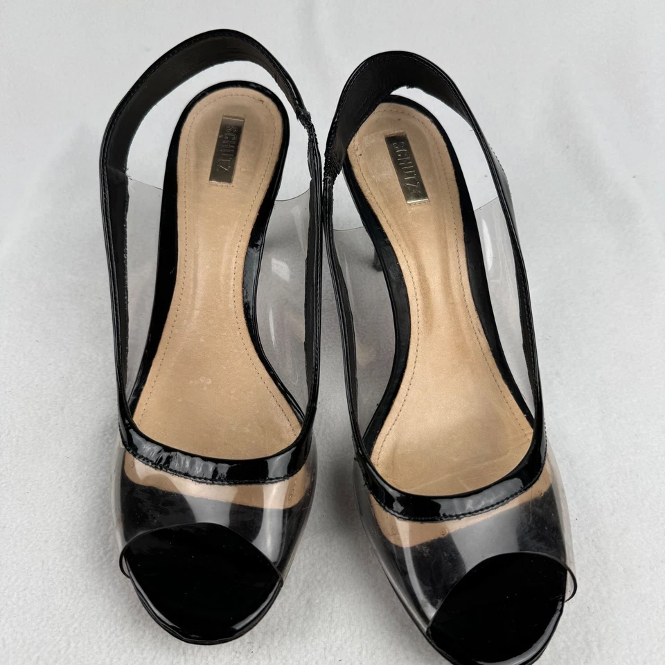 Schutz Black Patent Leather & Clear Slingback Heels Pumps Size 10B - Image 4 of 4