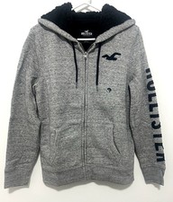 Hollister Men's Logo Heather Gray Sherpa Fur Lined Full-Zip Hoodie Jacket XS S M