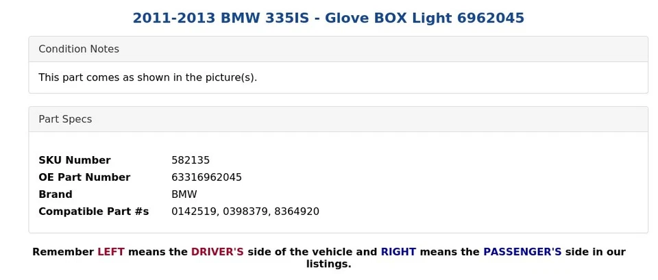 BMW 335IS 2011-2013 - Guantera Luz 6962045 Foto 4 de 4