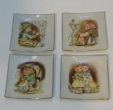 Vtg Hummel Style Set Of 4 Decorative Square Porcelain 3 1/2 Inch Plates Japan 