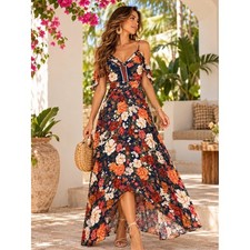 FARM Rio Floral Off Shoulder High Low Maxi Dress Navy Orange Large NWT!