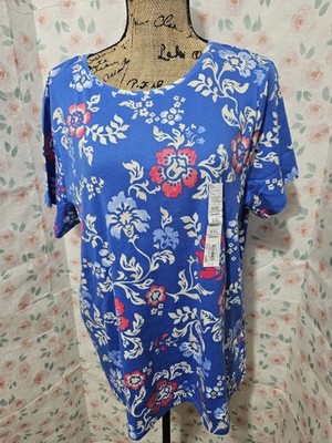 CROFT & BARROW, WOMEN'S NEW BLUE/PINK COTTON SHORT SLEEVED FLORAL TEE, SIZE XXL