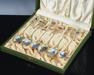 EXQUISITE ANTIQUE SET GERMAN 800 SILVER CASTLE MONUMENT ENAMEL SOUVENIR SPOONS