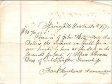 1873 Handwritten Receipt Alfred Rhoads Estate Sale PA Cow Auction Frank Vogel