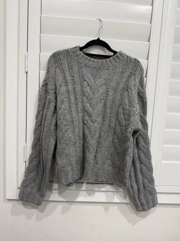 Luck & Trouble Grey Cable Knit Crew Neck Pullover Jumper Womens Size S