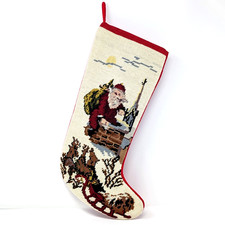 Vtg Needlepoint Christmas Stocking w/ Classic Santa Chimney Reindeer Sleigh 17"