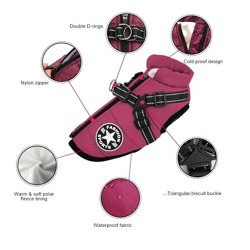 Pet Dog Jacket With Harness Winter Warm Dog Clothes Waterproof Dog Coat Outfits - Image 3 of 4