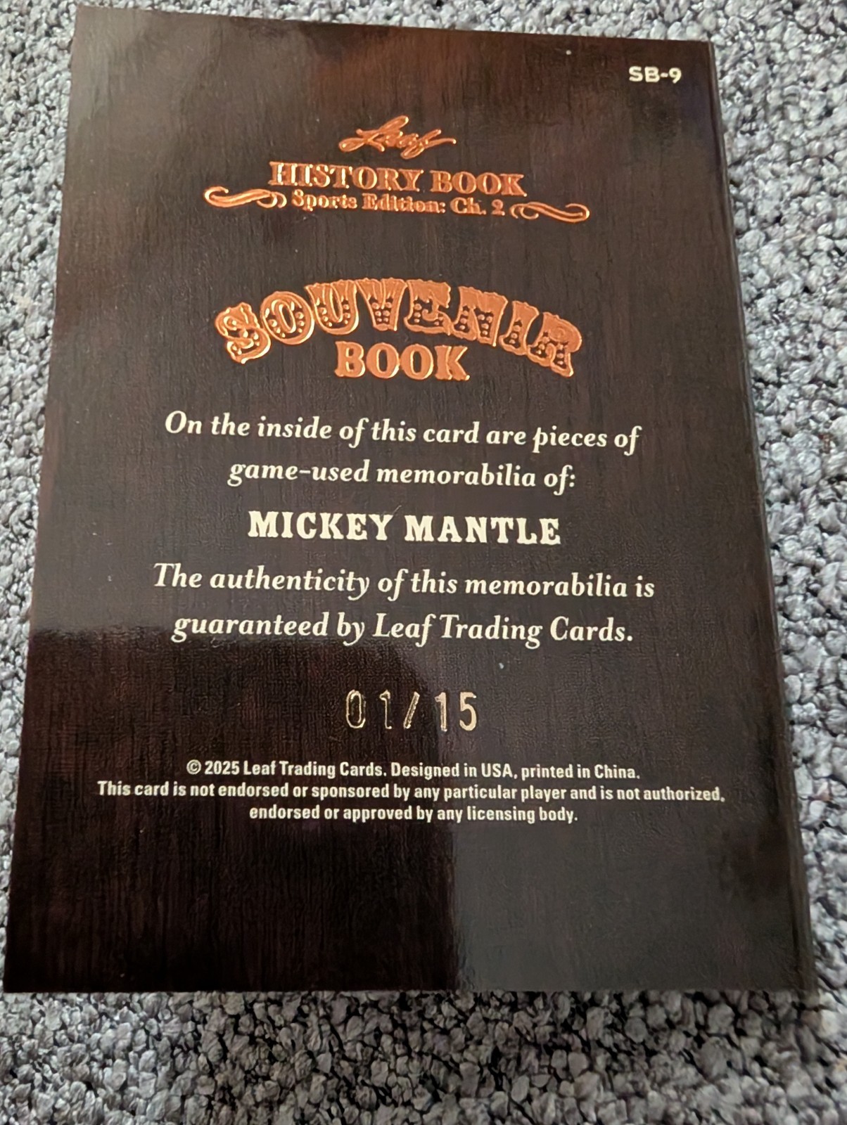 Mickey Mantle GAME USED JERSEY CARD #1/15 2025 LEAF HISTORY BOOK NY YANKEES view 3