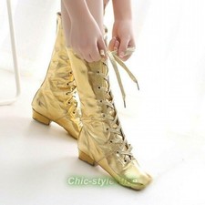 Gold Sliver Women's Flat Lace up Mid-calf Boots Casual Dance Show Dance Shoes