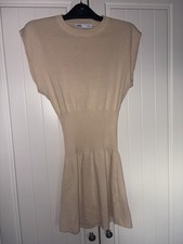 Zara Beige Knit Mini Dress Cinched Ribbed Waist Sleeve Stretchy Jumper Medium