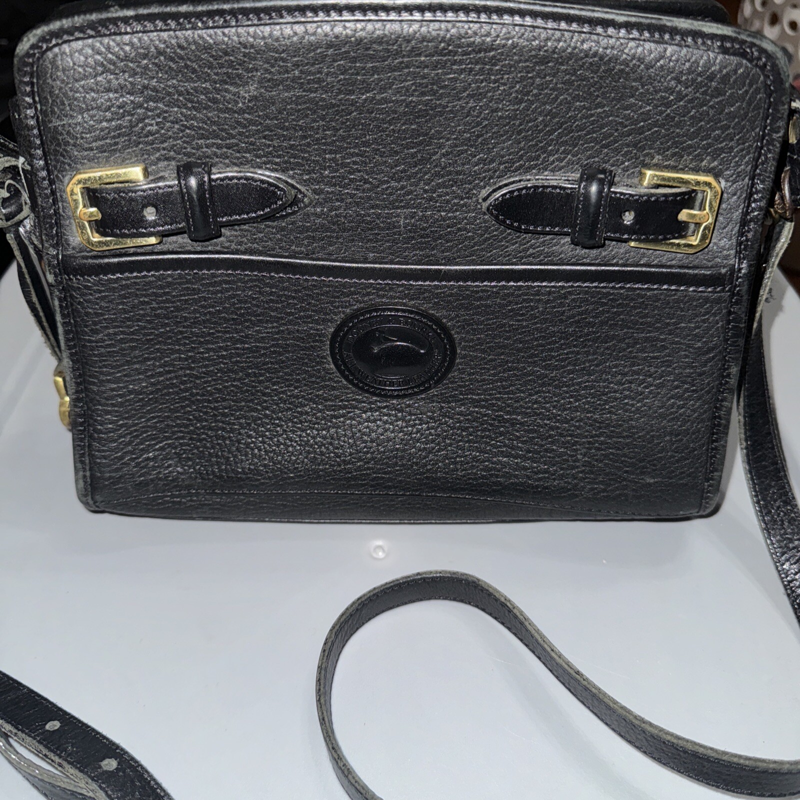 Vintage Dooney & Bourke Black Pebbled Leather Crossbody Bag Front Buckles