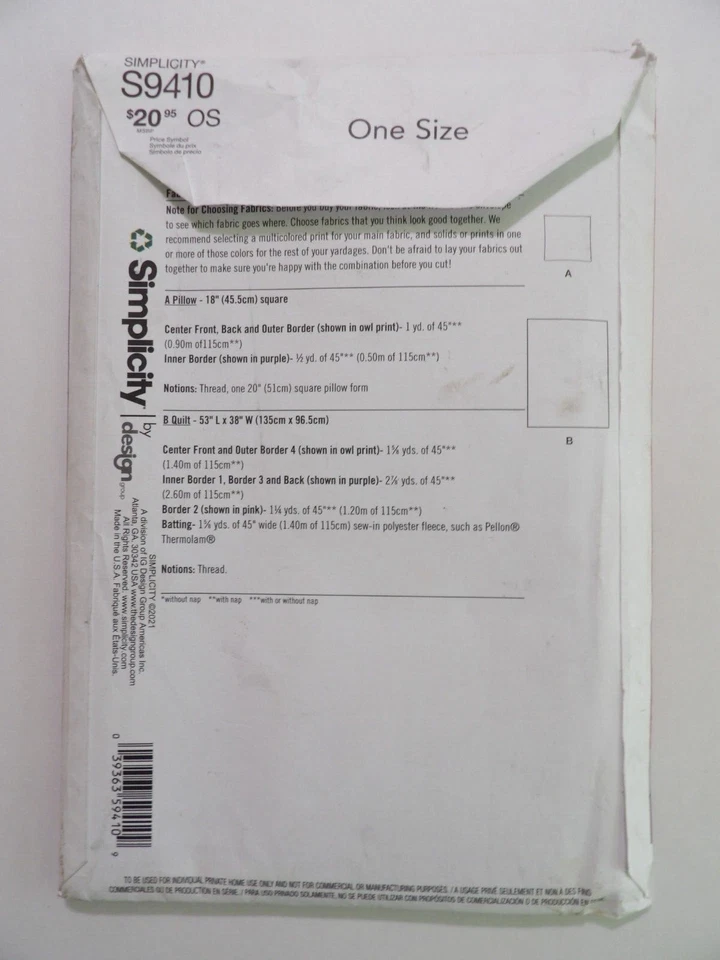 Simplicity- 9410 - Quilted Blanket 53" x 38" & 18" Pillow, Learn to Sew NEW UC - Image 2 of 3