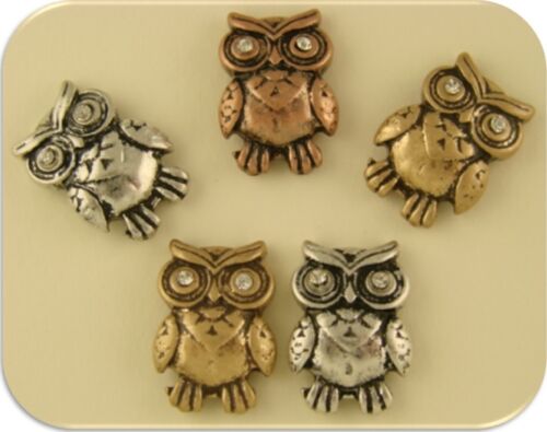Metal Owl Beads 3T w/ Clear Swarovski Crystal Elements 2 Hole Slider Beads QTY 5 - Picture 1 of 5