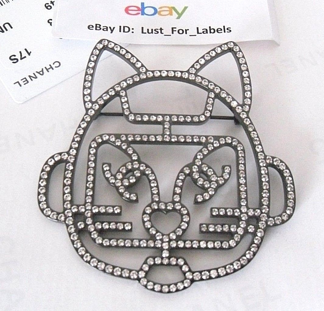 CHANEL Karl Lagerfeld Crystal Cat Brooch CC LARGE Emoji Pin 17S