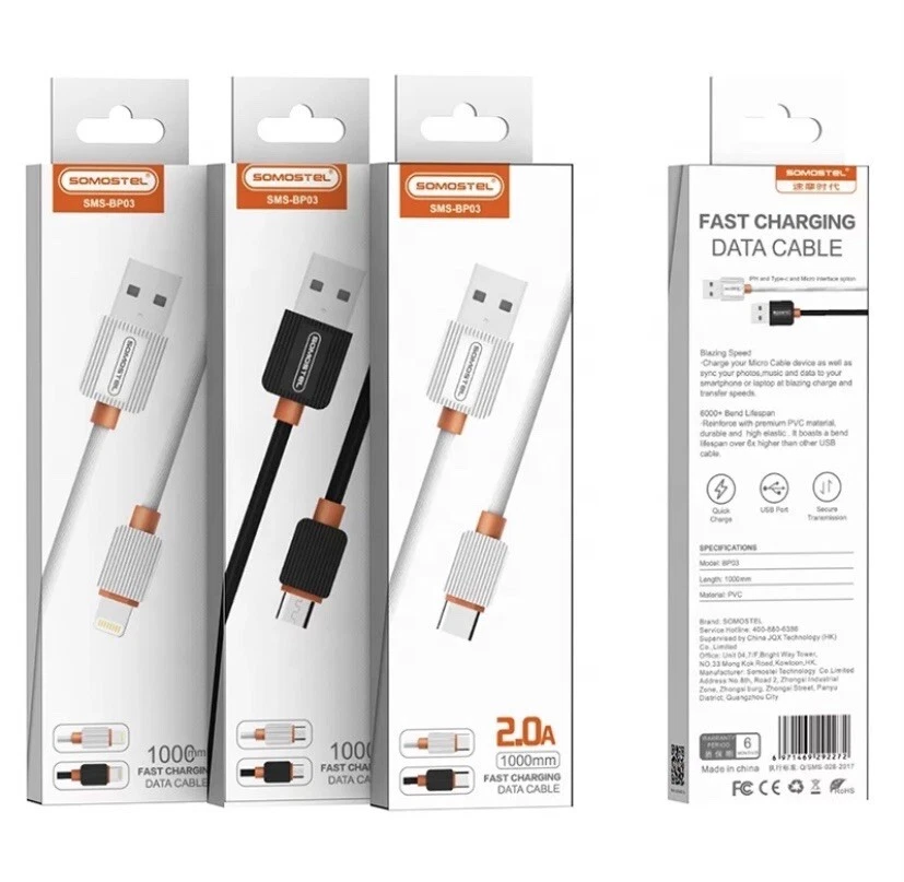 SOMOSTEL 1000mm 2.0A Type C USB Fast Charging Data Cable WHITE - Image 2 of 4