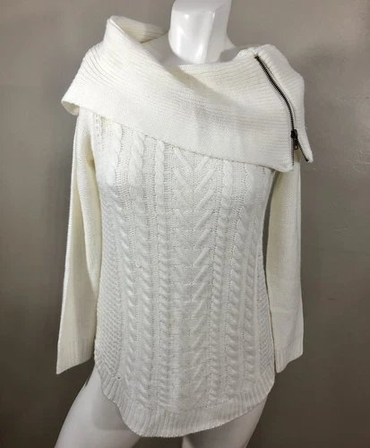 Westport Dressbarn Womens Ivory Sweater Top Zippered Cowl Neck Size S