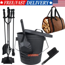 Ash Bucket w/ Lid Shovel & 5 PCS Fireplace Tools Set & Firewood Log Carrier Bag