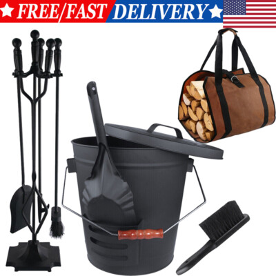 #ad #ad Ash Bucket w Lid Shovel amp; 5 PCS Fireplace Tools Set amp; Firewood Log Carrier Bag $93.86