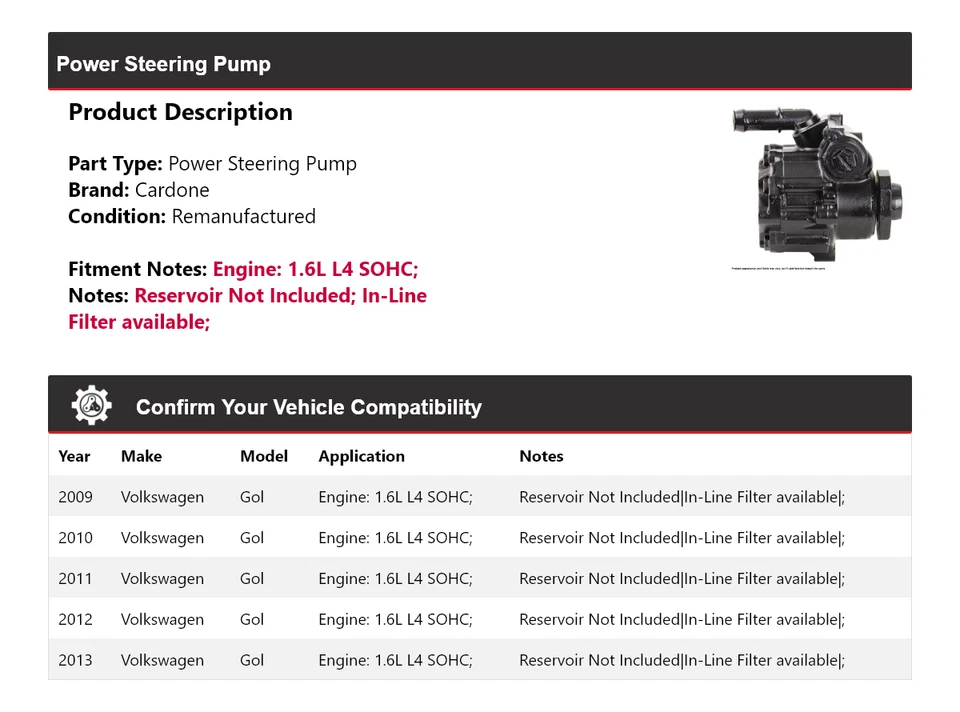 Bomba de dirección asistida Cardone 2010 2011 para Volkswagen Gol 2009-2013 1,6 L L4 SOHC Foto 2 de 4