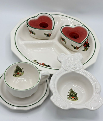 Pfaltzgraff Christmas Heritage Lot Of 6 VTG Divided Dish Bear Bowl Heart Candles