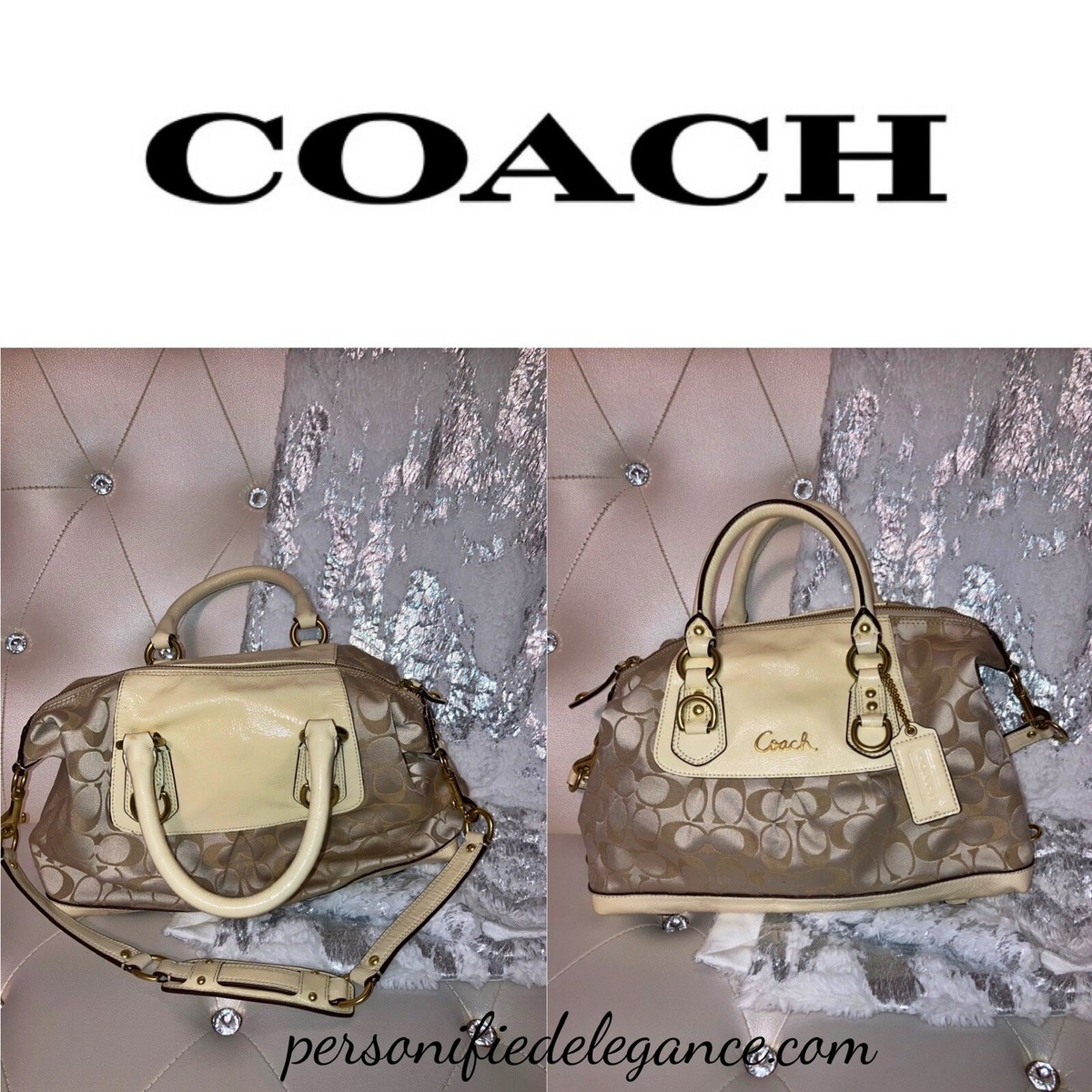 Coach Ashley Signature Print Sateen Ivory Patent Leather Canvas 