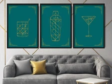 ART Deco Cocktail Teal Gold Effect Line Print Wall Poster Gift Set Of 3
