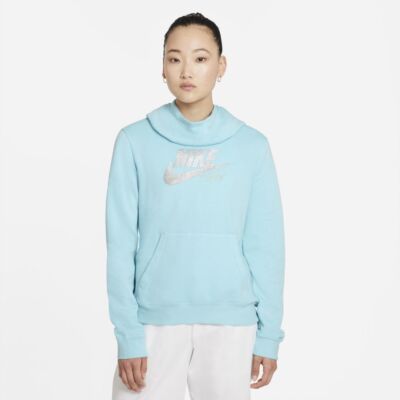 Women's Nike Club Fleece Gl Pullover Hoodie XL Blue Metallic Gray Funnel 