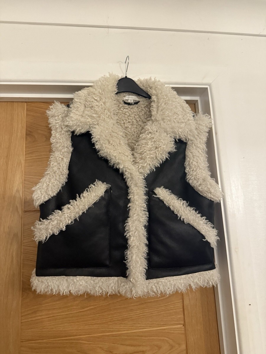 Topshop Black Faux Leather Cream Shaggy Faux Fur Biker Gilet