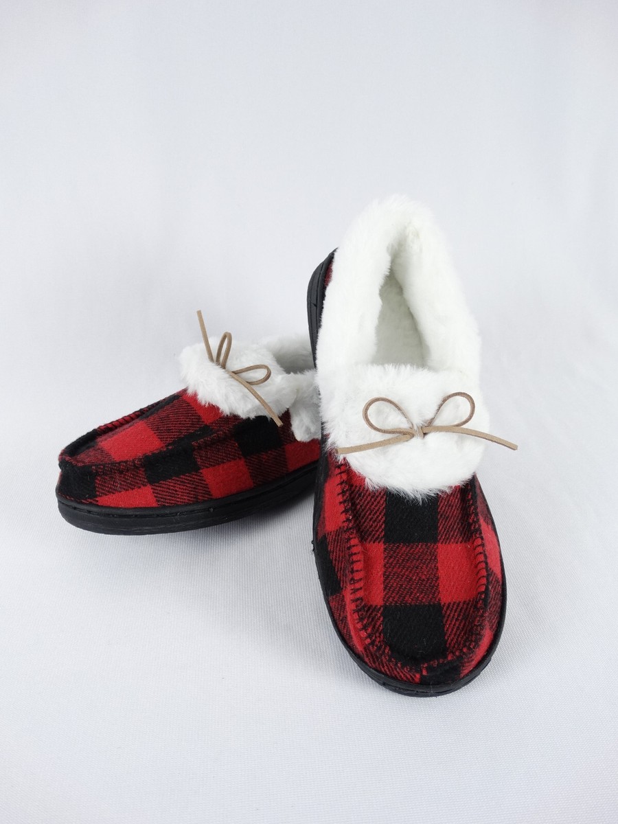 Women's Casual Slippers Red Check Fuzzy Fleece Lining Memory Foam House  Shoes