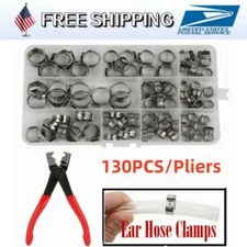 130PCS Hose Clamp Single Ear Stainless Steel Clip Crimp Air Water Fuel Pipe Set
