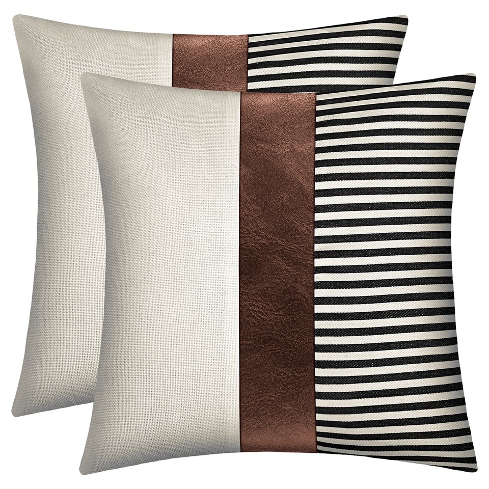 2PCS Cotton Linen Decorative Throw Pillow Covers Stripe Leather Accent