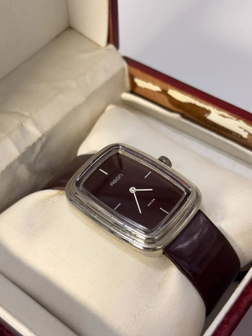 Vintage 1970s Agon Swiss Burgundy Dial TV Case Manual Wind Watch 31x37mm Tank image 22