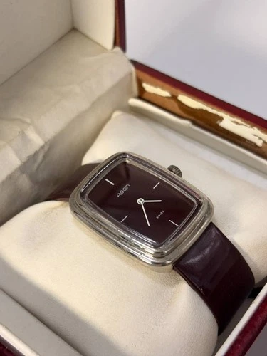 Vintage 1970s Agon Swiss Burgundy Dial TV Case Manual Wind Watch 31x37mm Tank image 22
