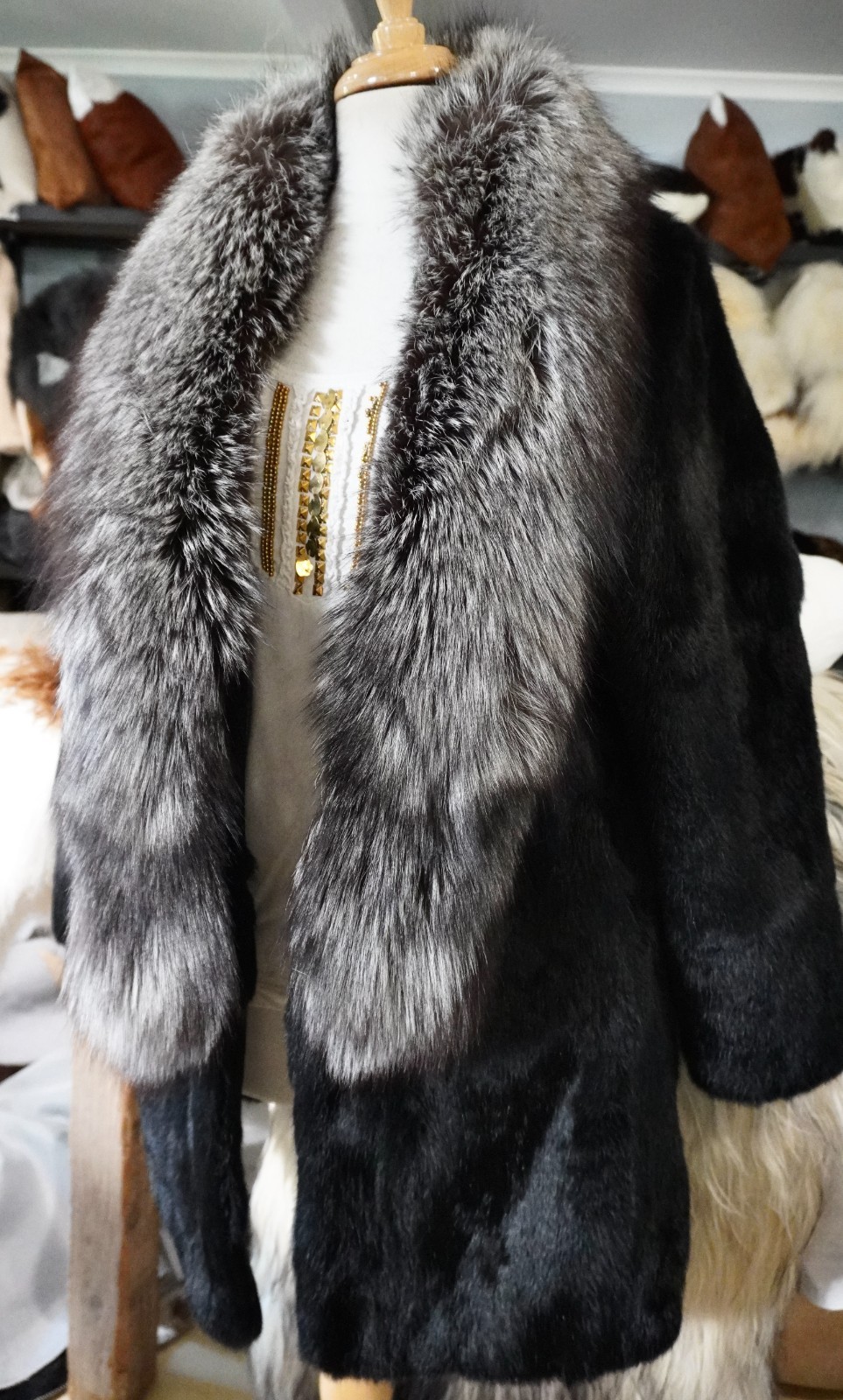 Black Beautiful & Timeless - A  Silver Fox Fur Trimmed Black Rabbit Fur Coat image 3