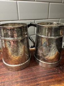 Vintage Glass Bottom Tankards Silver Plated Eagle Shield Beer Mugs Collectibles