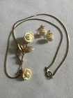 Vintage Costume Jewelry Set Earrings Necklace Brooch Carved Celluloid Flowers E2
