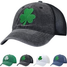 St Patricks Day Green Shamrock Trucker Hat, Ireland Irish Men Black/Clover Logo
