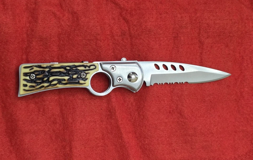 Stainless Folding Pocket Knife Built-In Flashlight–Faux Stag Handle-Spearpoint  - Image 2 of 4