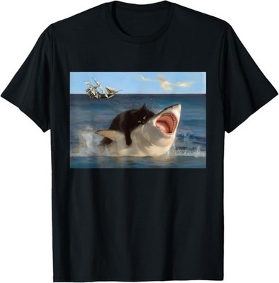 Funny Black Cat Riding Shark Ocean Meme Gift T-Shirt