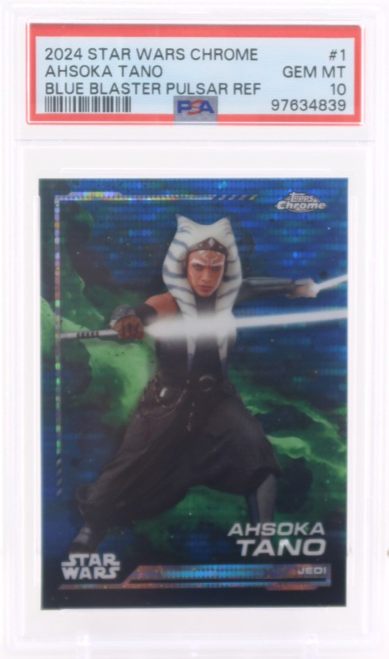 2024 TOPPS CHROME STAR WARS AHSOKA TANO BLUE BLASTER PULSAR REFRACTOR #1 PSA 10