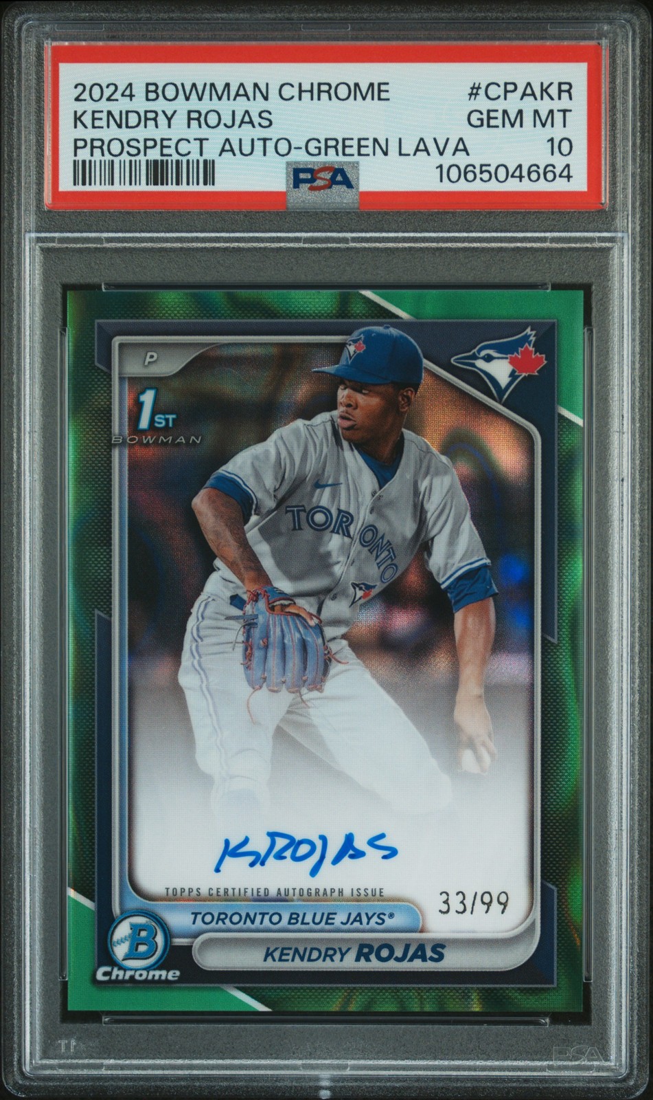 2024 Bowman Chrome Prospect Autographs #CPAKR Kendry Rojas /99 Green Lava PSA 10