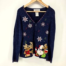 Tiara International Christmas Cardigan Womens XL Navy Blue Santa Reindeer Zip Up