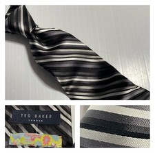 TED BAKER LONDON Dressy Silver Gray Black Stripe Lustrous Silk Tie USA made