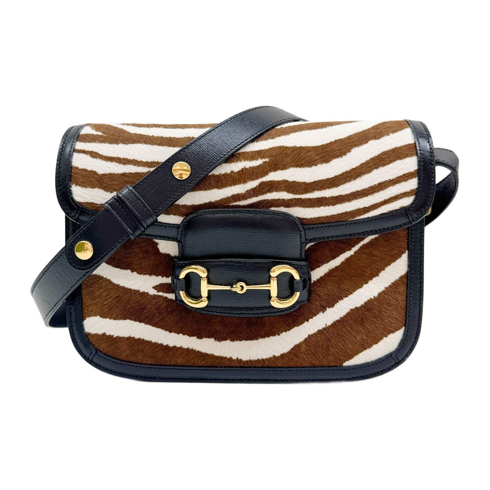 GUCCI Horsebit Brown Zebra Print in Pony Hair Shoulder Bag