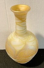 Carl Radke 7” Iridescent Threaded Pulled Feather Yellow Amber Vase Signed